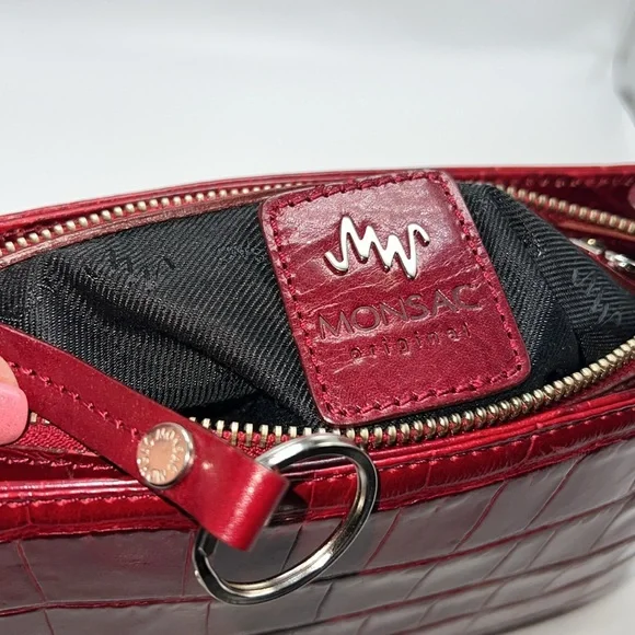 🌹MONSAC SCARLET RED CROCODILE EMBOSSED LEATHER SHOULDER BAG - Picture 17 of 17